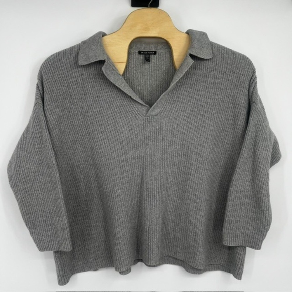 Eileen Fisher Grey Organic Cotton Recycled Cashmere Ribbed Polo Sweater Size XL